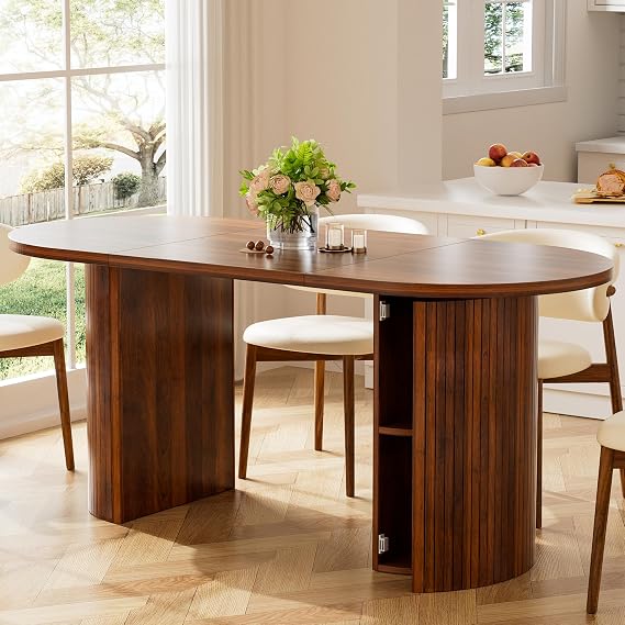 70.8" Oval Dining Table for 4-6 Person, Walnut Oval Dining Table with Smooth Elliptical Contours and Sturdy Base, Mid-Century Modern Kitchen Dinner Tables for Dining Room, Living Room