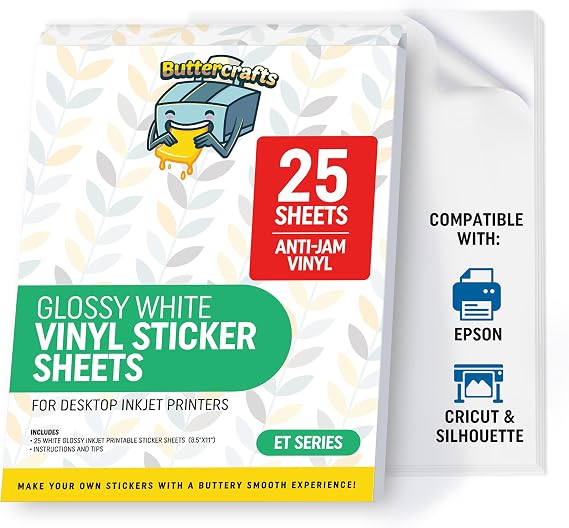 Glossy Printable Vinyl Sticker Paper Waterproof 25 Sheets 8.5"x11", Inkjet Printer (Epson Printers Compatible) - Weatherproof White Sticker Sheets - Strong Adhesive