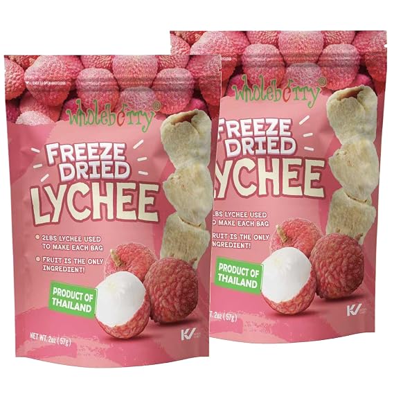 Wholeberry Freeze Dried Lychee 2oz Freeze Dried Fruit Snack Perfect for Smoothies, Baking, Yogurt & Tea - 100% Natural Ripe Fruit from Thailand, No Sugar Added - Pack of 2