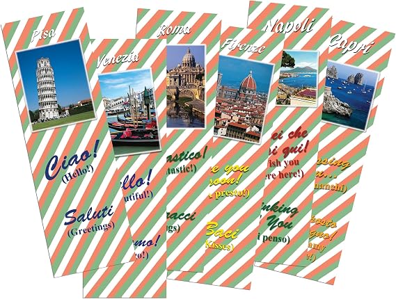 Italian English Bilingual Bookmarks - Assorted Images of Italy - for Language Learning, Rewards, and Gifts (6)