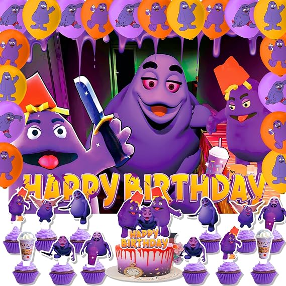 Grimace Shake Birthday Party Decoration, Include Grimace Games Theme Party Backdrop 5 x 3 FT, Cake Topper, Latex Balloons, for Kids Adult Fans Birthday Party