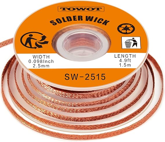 TOWOT Solder Wick Braid with Flux No-Clean Electronic, Desoldering Wick Braid Remover.Desolder Soldering 2.5mm W 0.10'' L 5'
