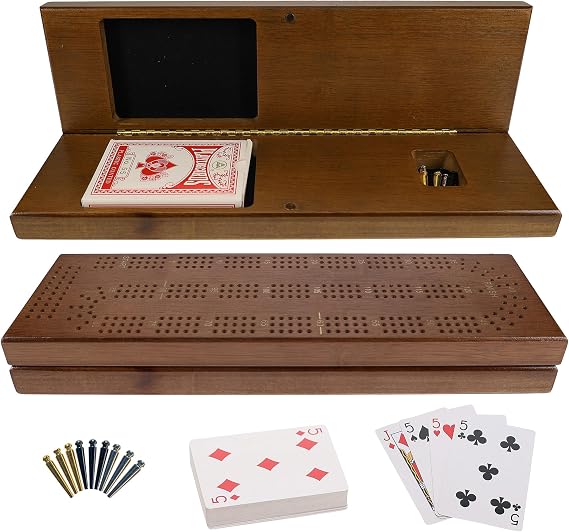 Cribbage Board with Pegs - Cribbage Set of Playing Cards & 9 Metal Pegs - Fun Family Game Night - Travel Cribbage Board, WE Games, Walnut Stained