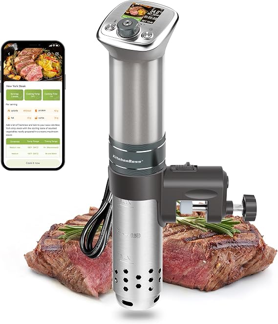 KitchenBoss Sous Vide Stick WiFi：Sous Vide Garer App-Steuerung Sous Vide Stab WLAN Präzisionskocher TFT Touch Display 1100W Zirkulation 40℃-90℃ Ultra-leise IPX7 Wasserdicht