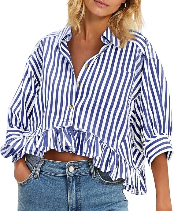 Cicy Bell Womens Cropped Striped Button Down Shirts Ruffle 3/4 Length Tops