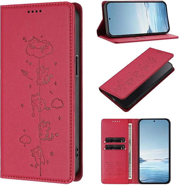 Flip Leather Case for Realme P4 Pro 5G Cover,Cute Cat Pattern PU Wallet Card Slots Holder RFID Blocking Kickstand Magnetic Shockproof Protective Phone Case-Red