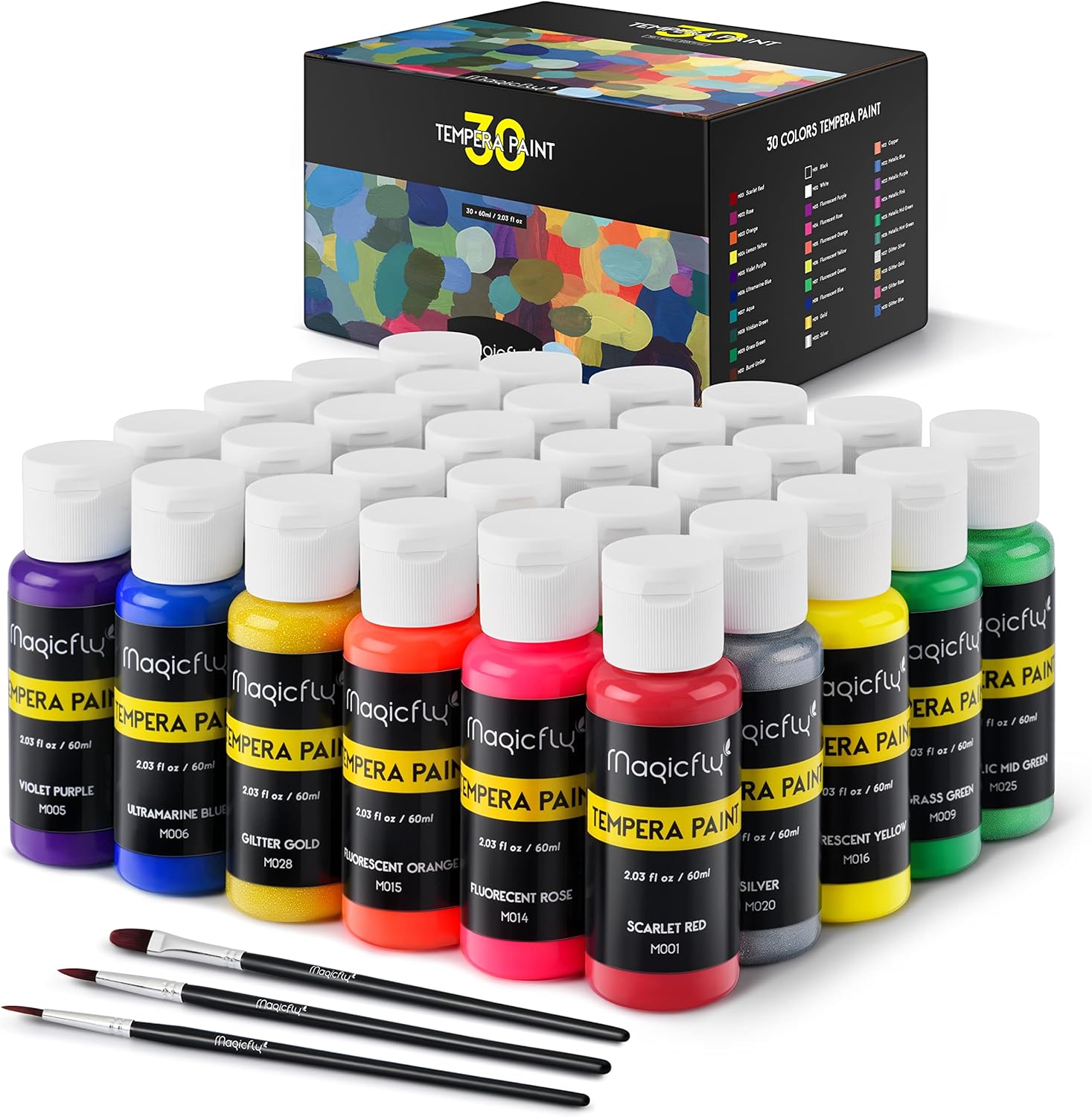 Magicfly Kids Paint, 30 Colors/ 60 ml Washable Tempera Paints for Kids, Non-toxic Poster Paint with Glitter, Metallic, Neon Fluorescent Colors for Finger Painting