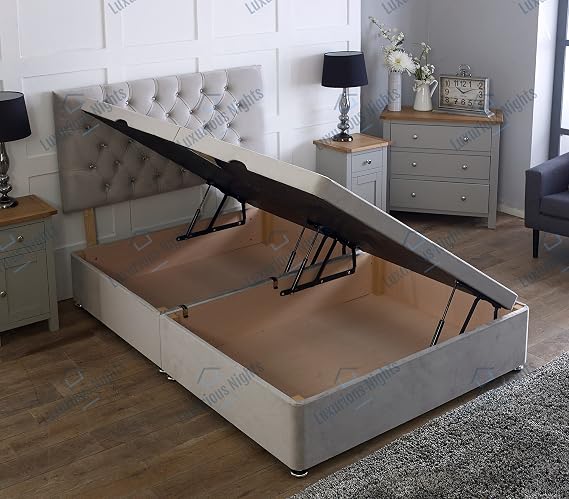 Side Lift Open Ottoman Plush Velvet Storage Bed (Beige, 2FT6 Small Single)