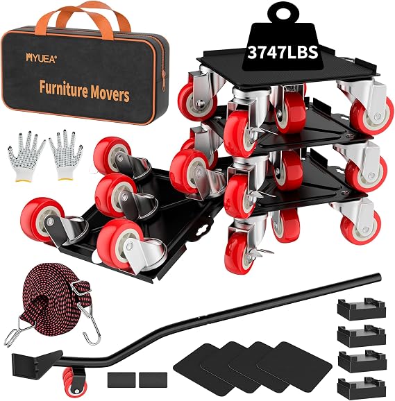 MYUEA Furniture Dolly,Furniture Movers with 5 Wheels,Carbon Steel Panel Heavy Duty Dolly,Maximum Load 3747 LBS,Furniture Lifter with 5 360 Rotatable Rubber Universal Wheels(Black,8.26x7.87 in)