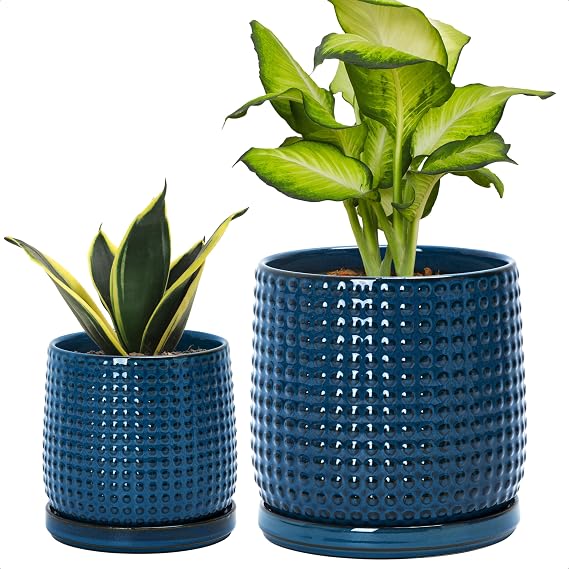 D'vine Dev Beaded Ceramic Planter Pots, 4/6 in, Midnight Blue, 27-D-U-3 | Embossed Dot Texture, with Drainage Hole and Saucer, Timeless Vintage Charm, Smooth Glazed Surface, Modern Home Decor