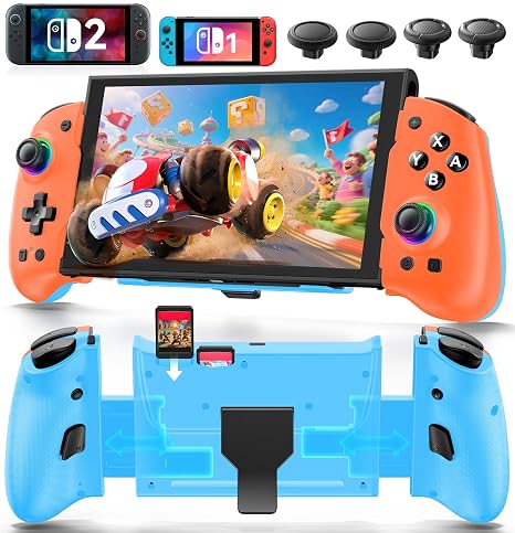 OIVO Switch 1/2 Controller for Original/OLED/Switch 2 Console, Stretchable Switch Handheld Joypad Ergonomic Grip for NS Pro Controller with RGB Light, TMR Joystick, Turbo, 4 Macro, Orange & Blue
