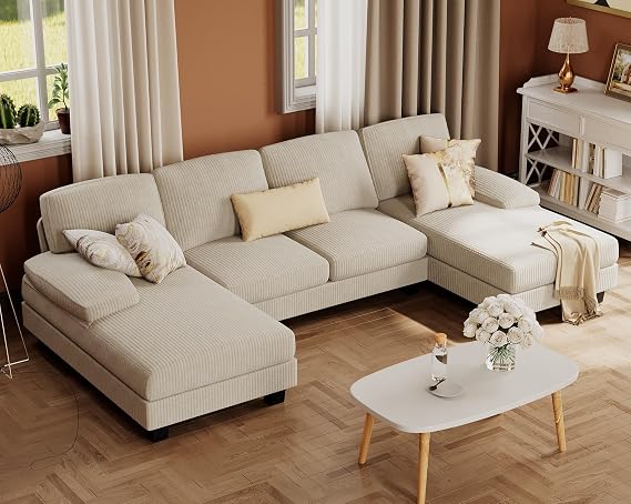 Furmax Sectional Couches for Living Room, Corduroy, Beige | U-Shaped Sofa Couch with Linen Fabric, 4 Seat Sofa Set with Double Chaise for Apartment