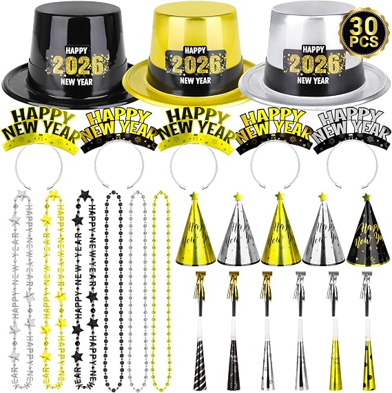 Traplace 30PCS NYE Party Supplies, New Years Eve Party Favors 12 Guests, Plastic New Years Party Hats, 2026 NYE Headband Gold Silver Black Foil Blowouts Star Cone Hat Horns Necklace Gathering