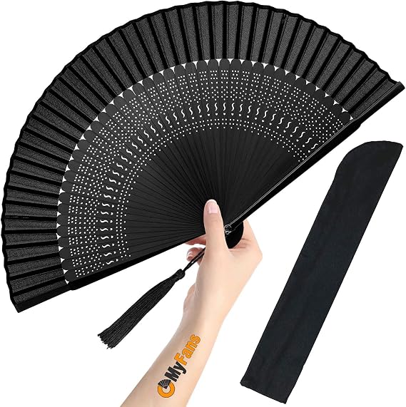 Hand Fan for Women Foldable - Folding Chinese Japanese Vintage Bamboo Silk Fan - Ideal for Hot Flashes, Church, EDM, Festivals, Dancing and Gifts (Sexy Black-S)