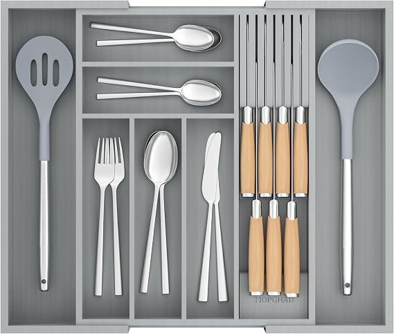 TIOPGHAD Expandable Bamboo Silverware Drawer Organizer Kitchen Tray, Grey | Removable Knife Block, Holds 7 Knives, Adjustable Dividers, 12.6-21.45 x 16.3 x 2.13 in, Drawer Insert for Utensils, Forks