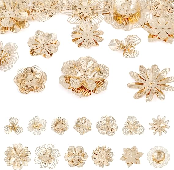 Elecrelive 13Pcs Filigree Flower Bead Caps Light Gold Spacer Beads Flower Cup Shape Bails End Charms for Necklace Bracelet Earring Jewelry Supplies