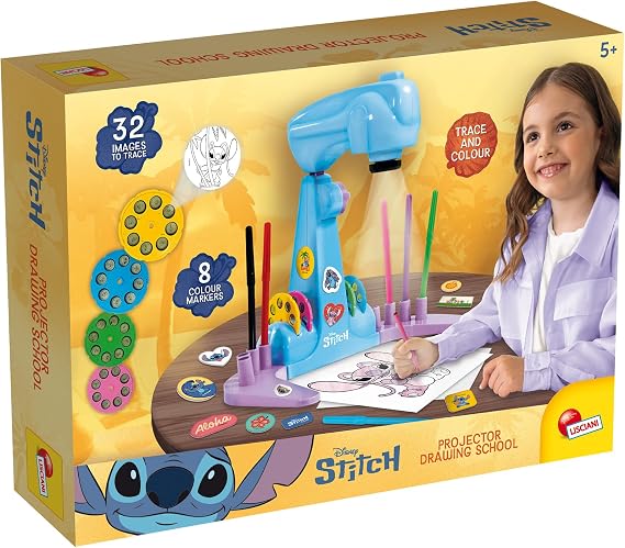 Lisciani - DISNEY STITCH - Projector Drawing School for Children aged 5 and over - LED Projector with 4 Discs - Creative Kit with Felt Pens, Stickers and Sheets - Manual Activity Without Screen