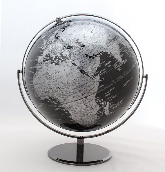 12" Diameter Black & Silver Decorative Table Top World Globe