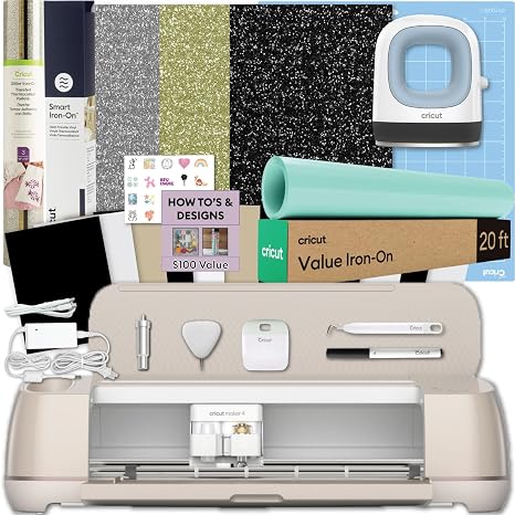 Cricut Maker 4 & Mini Heat Press Set - Cutting Machine & Heat Press with Heat Transfer Vinyl Beginner Kit for DIY Apparel, Tote Bags and HTV Projects