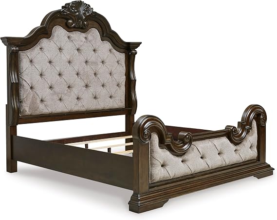 Signature Design by Ashley Maylee King Size Bed Frame and Headboard, Brown | Traditional panel bed, High 83-inch headboard, Brown button-tufted upholstery, Master bedroom statement piece