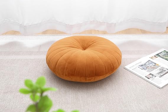 Floor Pillow Meditation Cushion Round Large Floor Pillows Seating for Adults, Velvet Thick Floor Cushions for Yoga Living Room Balcony Outdoor Tatami 18inch（Caramel）