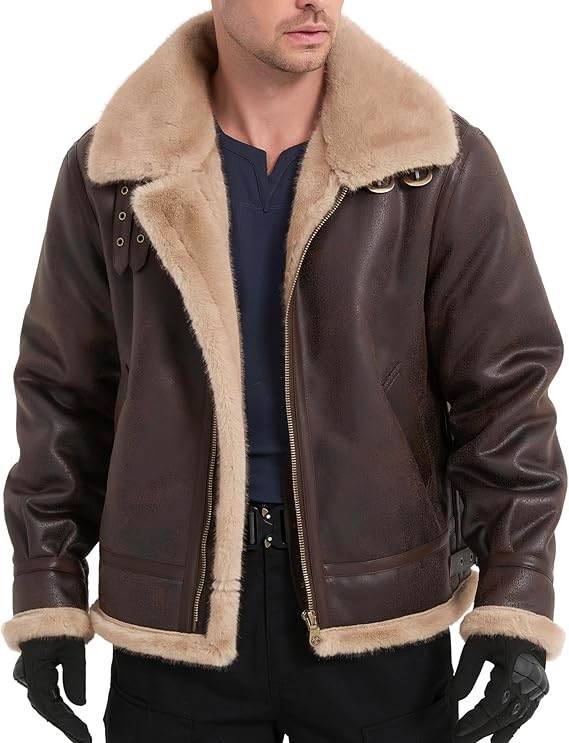 Mens Fur Outdoor Jacket Leather Bomber Shearling Cosplay Coat Brown | Engineered with soft, warm faux fur, this durable tactical outerwear provides comfort for outdoor adventures and comic con