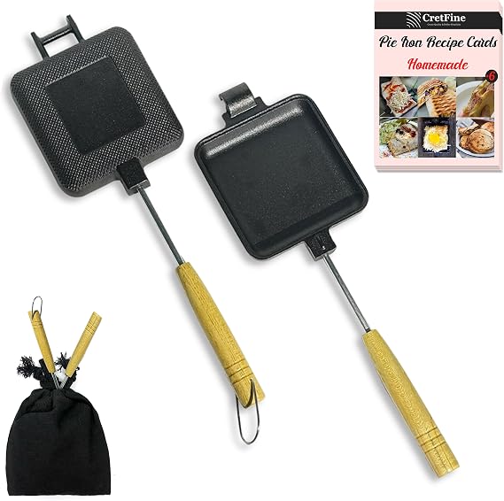 MiniSnack Cast Iron Pie Maker Sandwich Press for Camping and Stove Double Mini Pan for Steak and More, with Storage Bag and Recipes, Perfect for Home, Openfire Camp Cooking