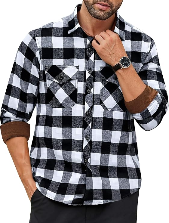 Flannel Shirt for Men Plaid Button Down Long Sleeve Shirt Soft Casual Tops with Two Chest Pockets