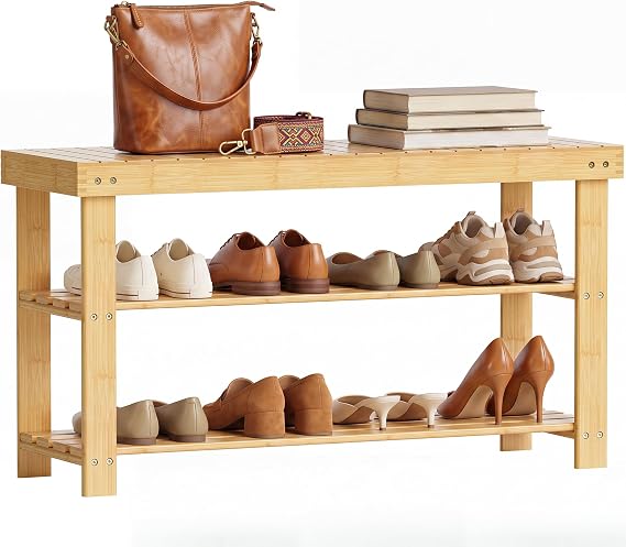 SMIBUY Bamboo Shoe Rack Bench, 3-Tier Shoe Organizer Storage Shelf for Entryway Hallway Bathroom Living Room (Natural)