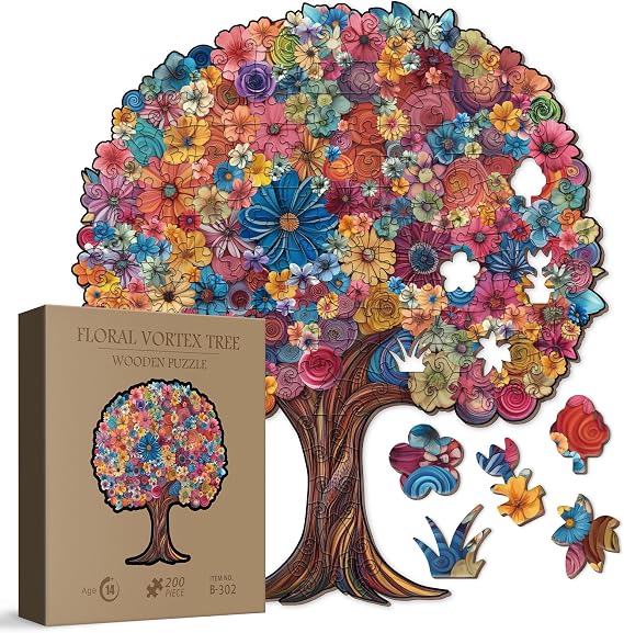 Colorful Flower Tree Wooden Puzzle for Adults 200 Pieces, Challenging Floral Tree Wood Puzzle for Adults, Unique Shape Pretty Puzzle 200 Pieces
