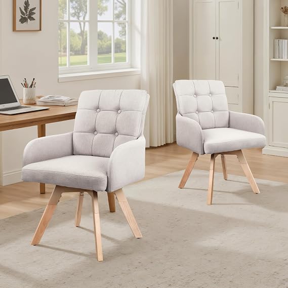 Zouron Swivel Desk Chair No Wheels, Modern Fabric Accent Chair with Wood Legs, Side Chair with Back and Arms, Set of 2, Beige