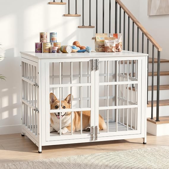 Dog Crate Furniture 32in, Heavy Duty End Table with Wide-Tube Steel Panels, Chew-Proof and Escape-Proof Indoor Kennel for Medium Dogs (25-40 lbs), Waterproof & Scratch-Resistant