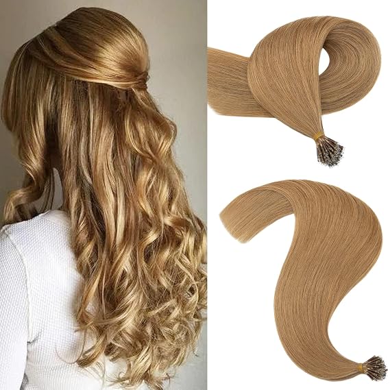 S-noilite Nano Ring Human Hair Extensions Pre Bonded Nano Bead Tip Hairpieces Blonde Cold Fusion Micro Link Loop Remy Hair 50g 50 Strands For Women Beauty 18Inch #27 Dark Blonde