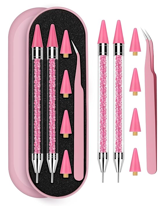 Rhinestone Picker Tool, Wax Pencil for Rhinestones Tool, Dual-ended Nail Bedazzling Tools With 4 Extra Pink Replaceable Wax Head and 1 Tweezer (Pink B)