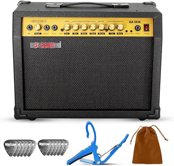 5 Core Electric Guitar Amp 50 Watt Amplifier 8" Speaker Portable Amp with Headphone Input Gain Include Capo and Picks - GA 50W GLD-BLK