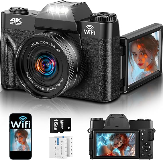 4K 75MP Digital Camera with WiFi 3 Inch 180° Folding Display Vlogging