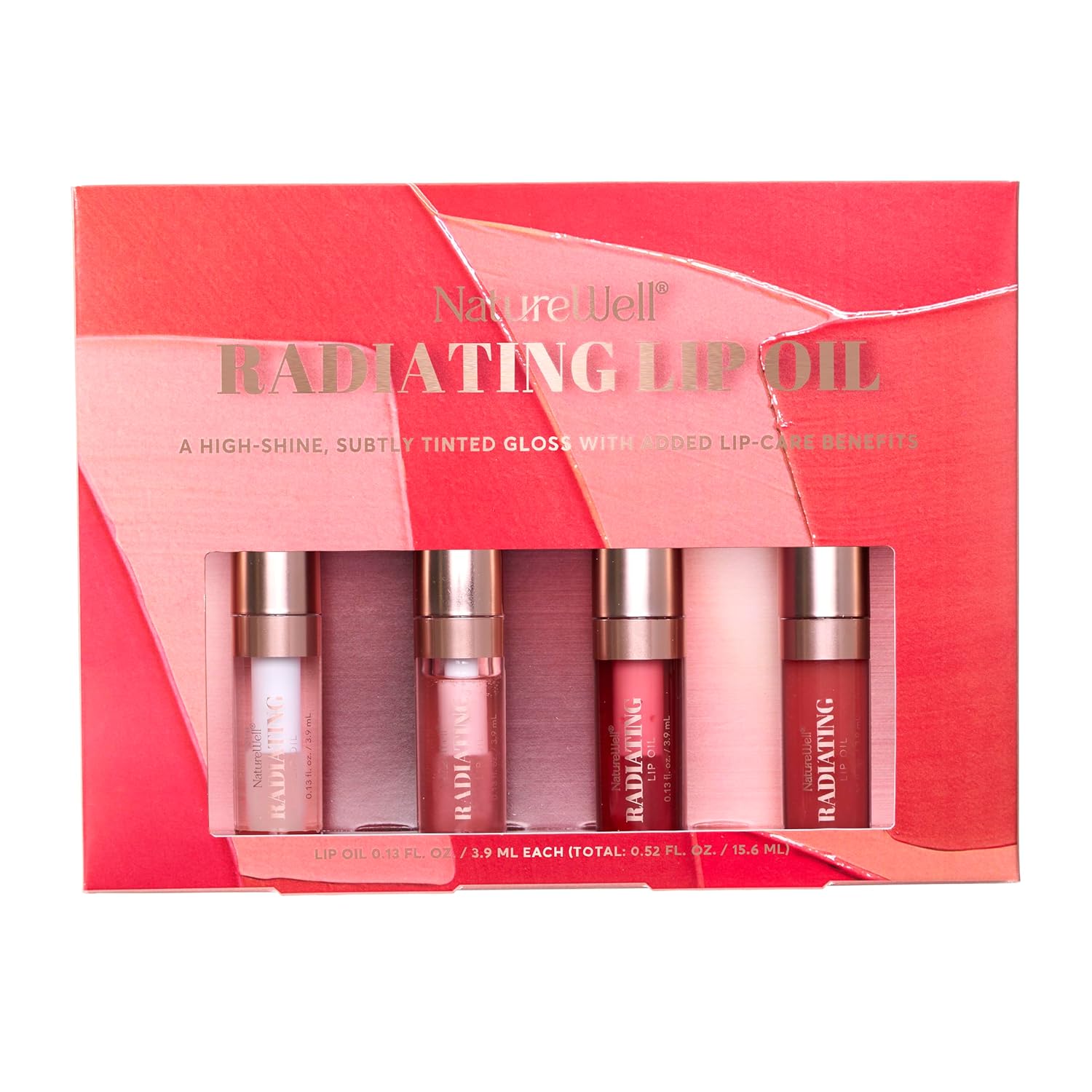 NATURE WELL Radiating Lip Oil Variety Pack, High-Shine Subtly Tinted Glosses With Added Lip-Care Benefits, 0.63 Oz Ea Pack of 4