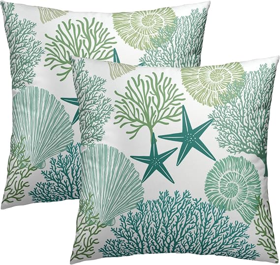 Summer Ocean Themed Nautical Coastal Throw Pillow Covers 12X12 Inches Set of 2 Aqua Teal Seashell Starfish Coral Pillowcase Soft Cotton Square Cushion Covers for Home Sofa Patio Bedroom Decoration