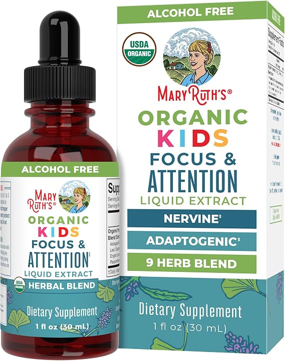 MARYRUTH'S Kids Focus & Attention Drops, USDA Organic Drops, 30 Servings | USDA Organic, Ginkgo Biloba, Rhodiola Root & Licorice Root, Adaptogenic, Vegan