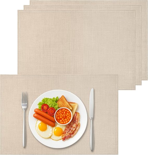 Bloss Beige Placemats Set of 4-12x18 Inch Washable Heat-Resistant Table Mats Set of 4 for Dining Table, Easy to Clean Seasonal Linen Placemats for Kitchen Table Decor, Individuales para Mesa
