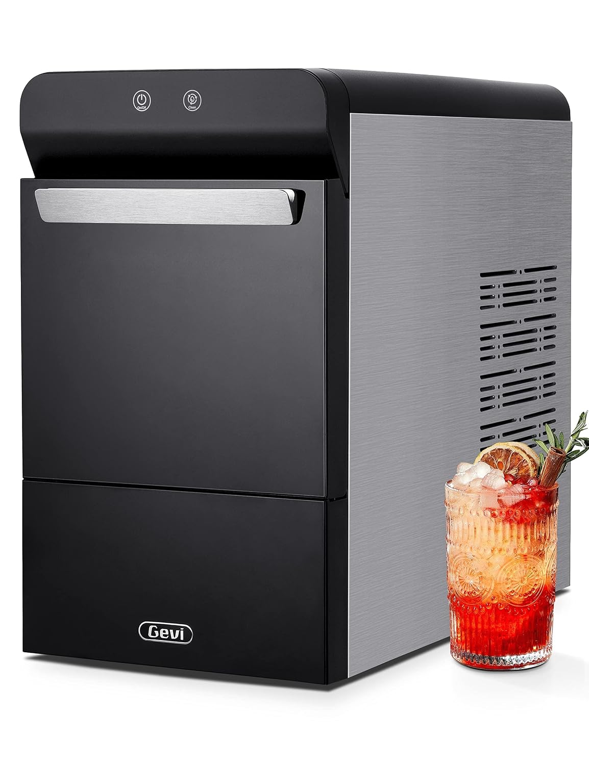 Gevi Household V2.0 Countertop Gemi Nugget Ice Maker | Self-Cleaning Pellet Ice Machine | Open and Pour Water Refill | Stainless Steel Housing | Fit Under Wall Cabinet | Black
