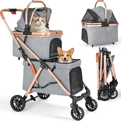 MAMIZO Double Dog Buggy Pet Buggy up to 15 kg Foldable 2 Tier Dog Trolley Cat Buggy for 2 Levels with 4 Pieces Wear-resistant PU Wheels Dog Box Transport Bag Grey