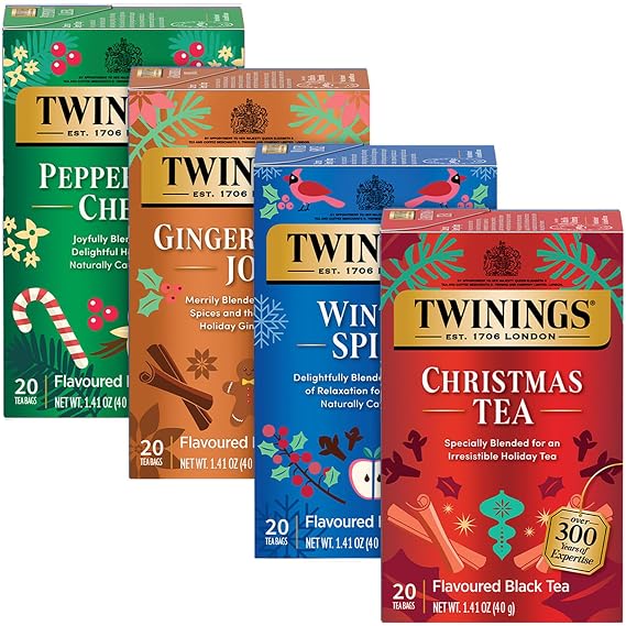 Twinings Tea Holiday Variety 4-Pack Caffeinated Christmas Tea and Gingerbread Joy, Naturally Caffeine-Free Peppermint Cheer and Winter Spice Tea Bags, 20 Count Each