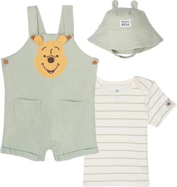 Disney Winnie the Pooh Baby Boys' Outfit Set 3 Piece Shortall Tee and Hat Newborn to Infant