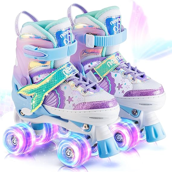 Mermaid 4 Size Adjustable Light up Roller Skates for Girls, Purple Blue Skates for Toddlers, Beginner Kids Butterfly Roller Skates Indoor Outdoor