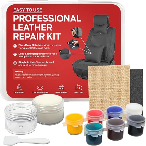 Leather & Vinyl Repair Kit Liquid Repair Compound with Filler Paste, Color Mixing Paints, Backing Fabric, Sandpaper for Car Seats, Boats, Dashboards, Upholstery, Furniture, Jackets