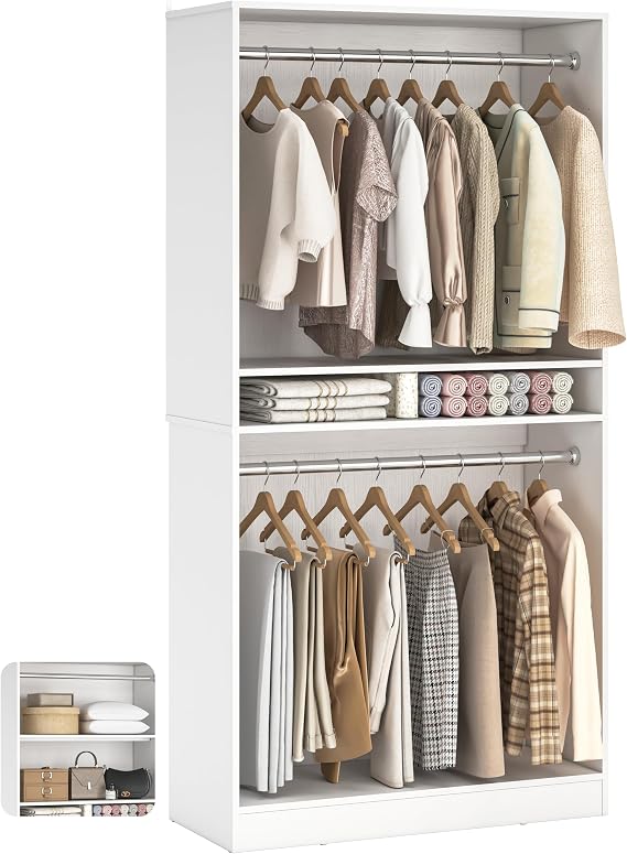 Unikito 3FT Closet System with 2 Hanging Rods and Adjustable Shelves, White