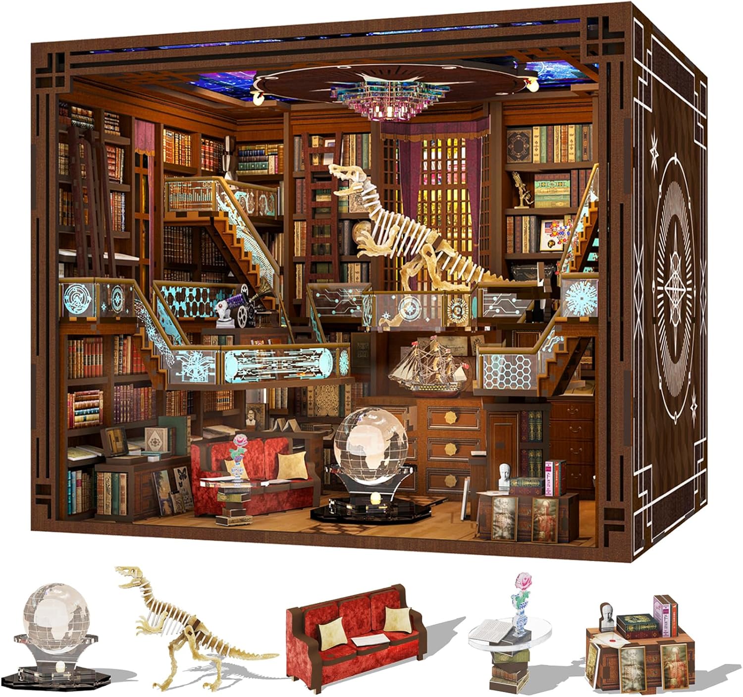 Book Nook Kit, DIY Miniature Dollhouse Booknook Kit, 3D Wooden Puzzle Bookend Bookshelf Insert Decor with LED Light for Teens and AdultsBeyond Library Max