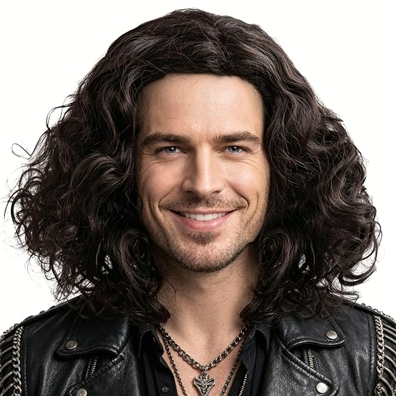 ANOGOL Shoulder Length Black Curly Wig Men Black Middle Part Cosplay Wig