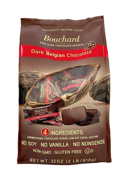 Bouchard Premium Belgian Dark Chocolate with 72% Cacao | Individually Wrapped Pieces (2 LB)(4 pack) - NEW PACKAGING